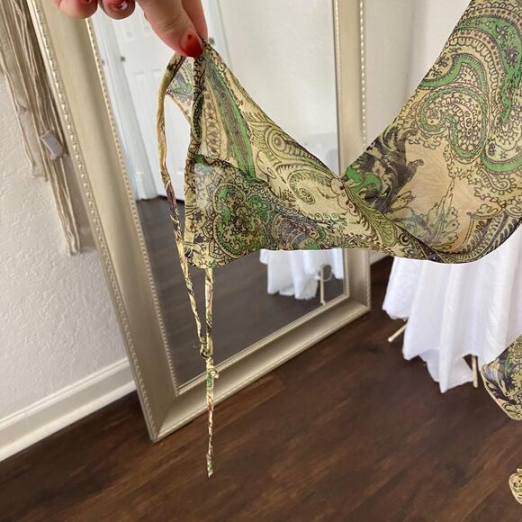 Early 2000's Fairy Grunge Whimsical Silk Green Brown Paisley Flowy Blouse Top L - Picture 4 of 7